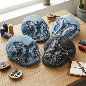 Vintage Denim Newsboy Cap, Butterfly Patch Flat Cap, Women's Ivy Hat, Distressed Washed Cotton Cabbie Cap, Boho Retro Beret