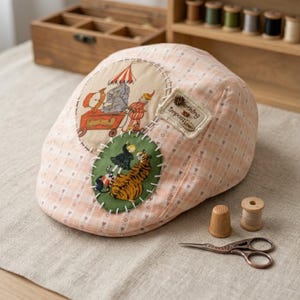 May include: A light peach and white checkered flat cap featuring two circular fabric patches with illustrations of a circus scene and a tiger with a person, plus a small rectangular label with the text Nothing Impossible and a brown button.