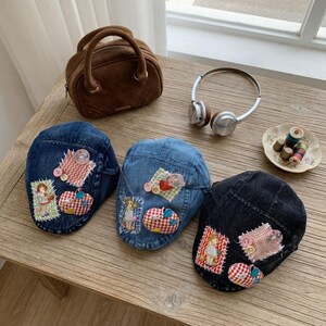 Vintage Denim Newsboy Cap, Patchwork Flat Cap for Women, Washed Cotton Cabbie Hat, Retro Ivy Cap, Cute Casual Beret Hat