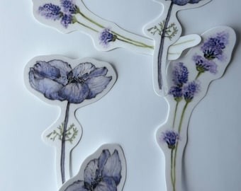 Pegatinas de anémonas azules y lavanda morada; diseño original en acuarela; pegatinas de vinilo para botellas de agua; impermeables; pegatinas florales resistentes a la intemperie.