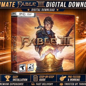 May include: A Fable III digital download PC game case featuring a central character holding a sword and rifle, with the title text Fable III prominently displayed. The box art includes a golden crown graphic and a Teen ESRB rating icon.