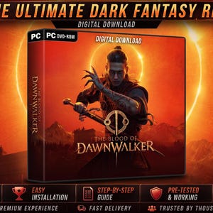 May include: A digital download product box for The Blood of Dawnwalker PC RPG. The cover features a warrior holding a sword against a fiery orange background. Surrounding icons highlight features like epic storyline, 24/7 support, and legendary gear.
