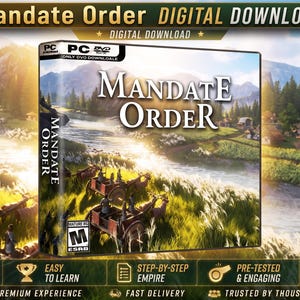 May include: A digital download product box for the PC game Mandate Order, featuring a landscape illustration of horse-drawn carts near a river. The box displays the title Mandate Order, an ESRB M rating, and various icons and text labels.