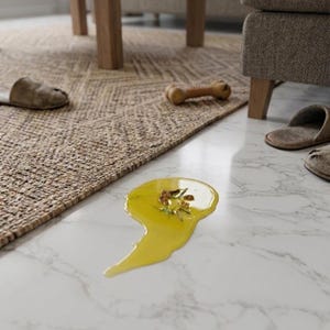 May include: A bright yellow liquid spill on a white marble floor with a small cluster of brown, textured, organic debris floating in the center of the puddle. The spill has an irregular, elongated shape spreading across the smooth surface.