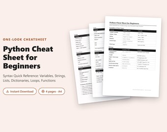 Python Cheat Sheet for Beginners | Syntax Quick Reference PDF | Variables Lists Loops Functions | Printable