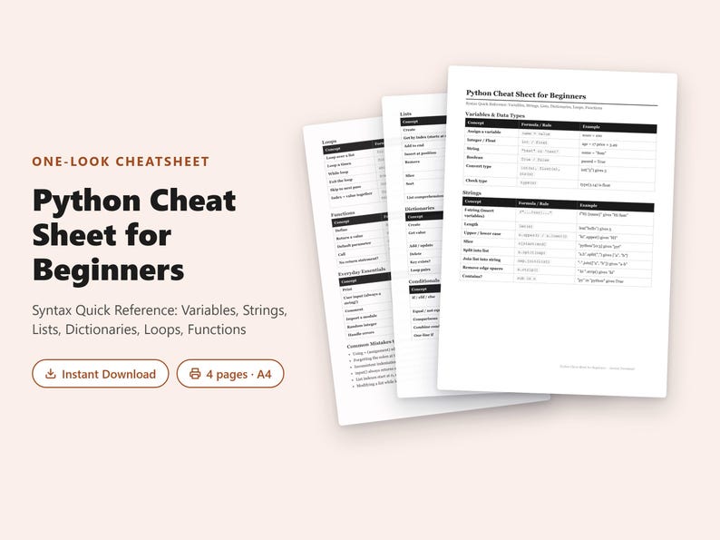 Python Spiekbrief voor Beginners | Syntaxis Sneloverzicht PDF | Variabelen Lijsten Loops Functies | Printbaar afbeelding 1