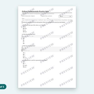 May include: A printed Python Fundamentals Practice Quiz document featuring multiple-choice questions on data types, operators, and syntax. The page includes a header, blank fields for name and date, and a watermark overlay reading PREVIEW throughout.