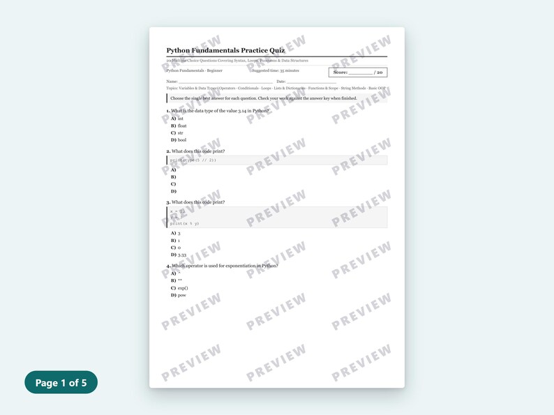 May include: A printed Python Fundamentals Practice Quiz document featuring multiple-choice questions on data types, operators, and syntax. The page includes a header, blank fields for name and date, and a watermark overlay reading PREVIEW throughout.