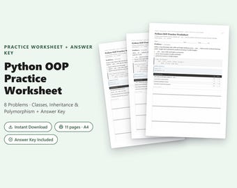 Python OOP Practice Worksheet | 8 Classes & Inheritance Problems + Answer Key PDF