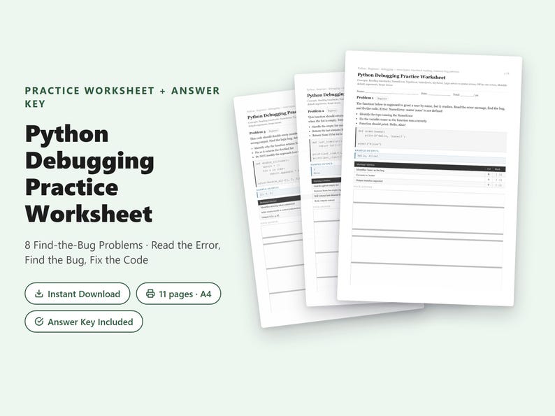 Python Debugging Practice Worksheet | 8 Find-the-Bug Problems + Answer Key PDF image 1