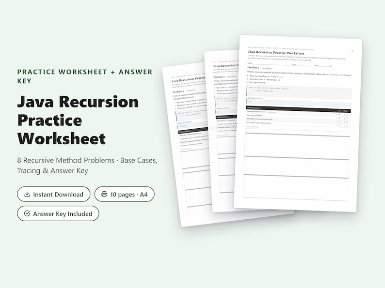 Java Recursion Practice Worksheet | 8 Problems + Answer Key PDF image 1