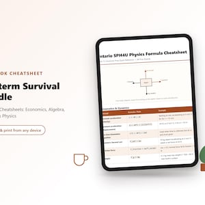 Può includere: Un tablet digitale mostra il foglio delle formule di fisica Ontario SPH4U. Il testo a sinistra recita: One-Look Cheatsheet, Midterm Survival Bundle, 4 Subject Cheatsheets: Economics, Algebra, Calculus & Physics, e Read & print from any device.