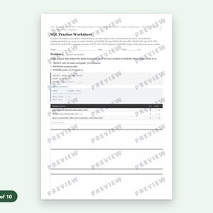 May include: A white SQL practice worksheet with black text, featuring a header titled SQL Practice Worksheet, a problem description, SQL code snippets, a sample output table, and blank lines for written answers, marked with a watermark.