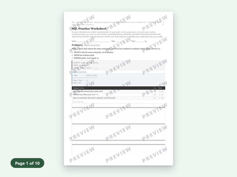 May include: A white SQL practice worksheet with black text, featuring a header titled SQL Practice Worksheet, a problem description, SQL code snippets, a sample output table, and blank lines for written answers, marked with a watermark.