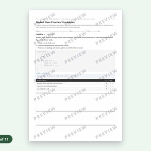 Puede incluir: Una hoja de ejercicios educativa blanca titulada Linked Lists Practice Worksheet con texto negro. Incluye un problema de programaci&oacute;n sobre la creaci&oacute;n de una clase Node para una lista enlazada, fragmentos de c&oacute;digo y una tabla de evaluaci&oacute;n.