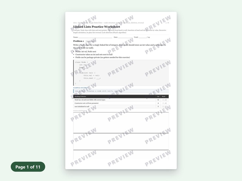 Puede incluir: Una hoja de ejercicios educativa blanca titulada Linked Lists Practice Worksheet con texto negro. Incluye un problema de programaci&oacute;n sobre la creaci&oacute;n de una clase Node para una lista enlazada, fragmentos de c&oacute;digo y una tabla de evaluaci&oacute;n.
