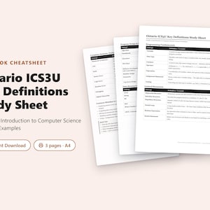 May include: A three-page A4 study sheet set titled Ontario ICS3U Key Definitions Study Sheet. The documents feature black text on white paper, outlining computer science concepts, programming fundamentals, and control structures with definitions.