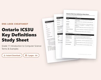 Ontario ICS3U Key Definitions Study Sheet | Grade 11 Computer Science Terms & Examples PDF