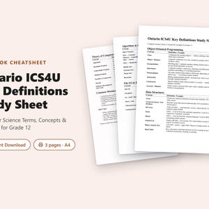 Ontario ICS4U Key Definitions Study Sheet | Computer Science Terms & Examples PDF