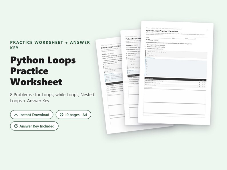 Oefenblad Python-lussen | 8 opgaven voor beginners + antwoorden (pdf) afbeelding 1