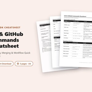 May include: A three-page Git and GitHub commands cheatsheet printed on A4 paper. The document features tables with concepts, formulas, and examples for setup, basic commands, branching, and merging. The text includes "One-Look Cheatsheet" and "Git & GitHub Commands Cheatsheet" with a section for common Git problems and solutions.