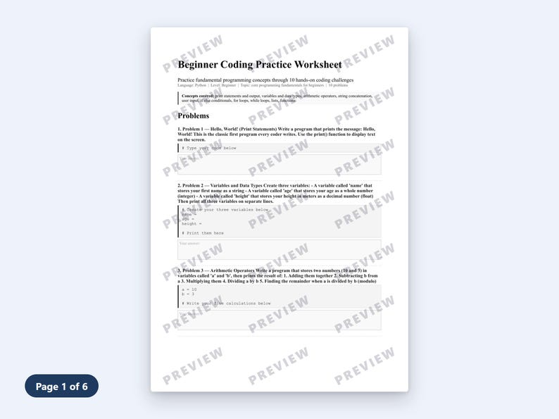 Beginner Python Practice Problems | 10 Exercises with Answer Key | Adult & Teen PDF image 3