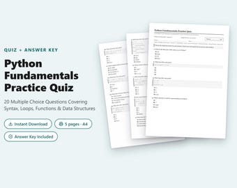 Cuestionario práctico sobre los fundamentos de Python / 20 preguntas de opción múltiple que abarcan sintaxis, bucles y funciones + clave de respuestas en PDF
