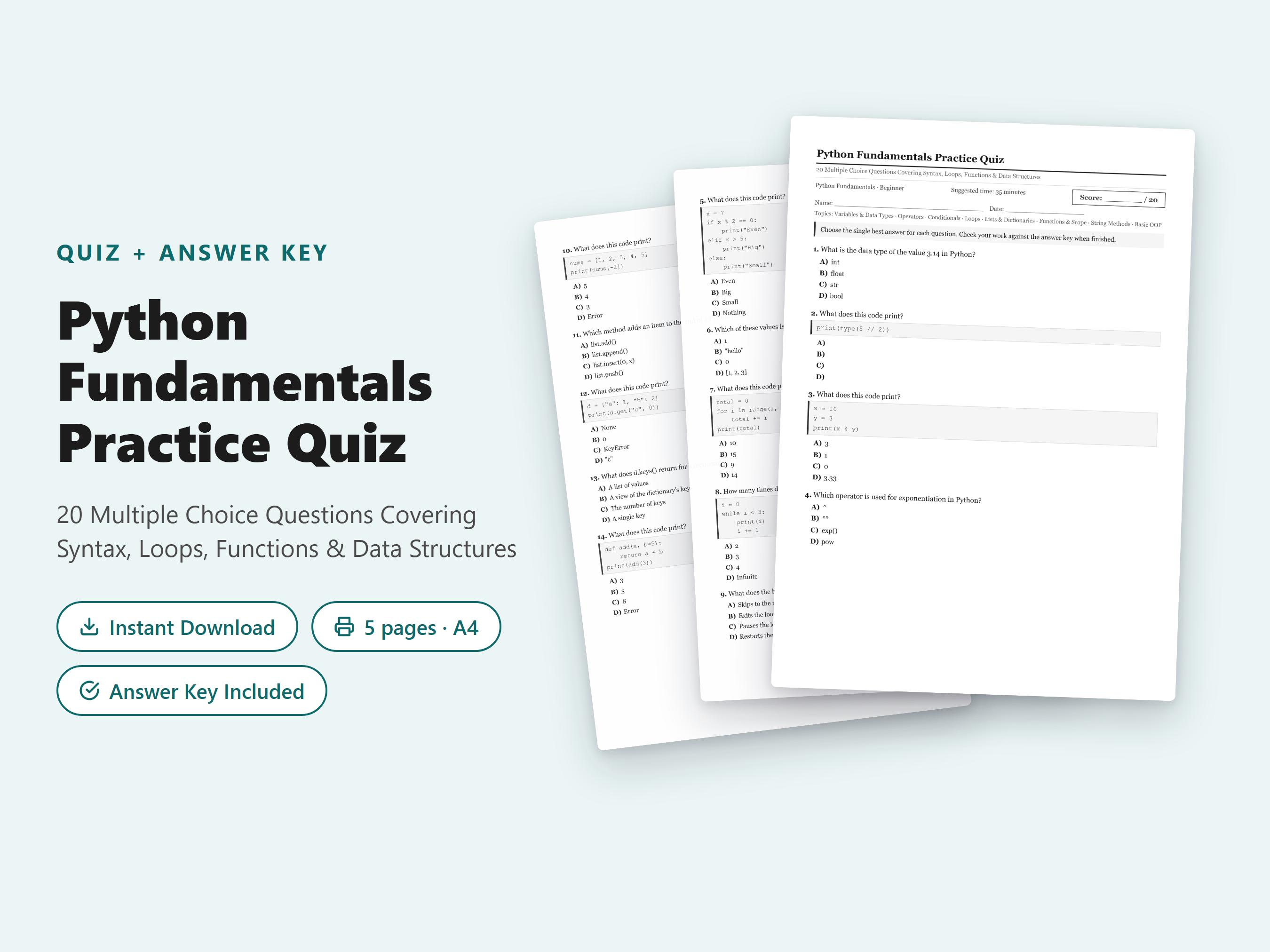 Övningsquiz om Pythons grunder | 20 flervalsfrågor om syntax, loopar och funktioner + svarsmall i PDF-format