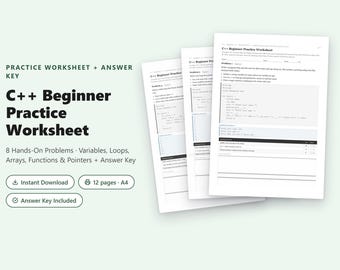 C++ Beginner Practice Worksheet | 8 Problems Covering Loops, Arrays & Functions + Answer Key PDF