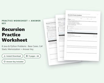 Hoja de ejercicios de recursión / 8 problemas de Java + Python (4 de cada uno) + Clave de respuestas en PDF