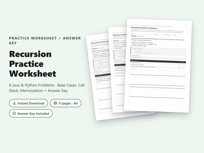 Recursion Practice Worksheet | 8 Java + Python Problems (4 Each) + Answer Key PDF image 1