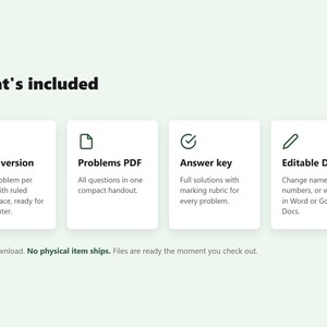 Puede incluir: Un gr&aacute;fico de informaci&oacute;n de descarga digital titulado What's included con cuatro tarjetas rectangulares blancas que presentan iconos y texto: Print version, Problems PDF, Answer key y Editable DOCX. Cada tarjeta describe el formato y contenido.