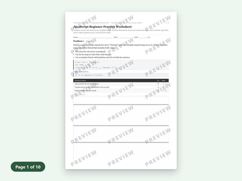 Puede incluir: Una hoja de ejercicios para principiantes en JavaScript con texto negro sobre fondo blanco. El documento incluye un problema de programaci&oacute;n sobre la declaraci&oacute;n de variables, el uso de plantillas literales y una tabla de criterios de evaluaci&oacute;n.