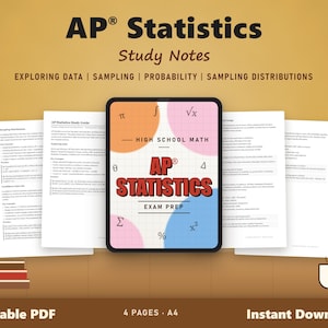 以下が含まれることがあります： デジタルタブレットには、グリッド背景に数学記号が描かれた「AP Statistics Exam Prep」というタイトルの表紙が表示されており、その周囲に4枚の白い学習ノートのページが配置されています。テキストには、Exploring Data、Sampling、Probability、Sampling Distributionsが含まれています。