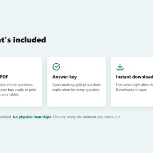 May include: A digital product information graphic titled What's included. It features three white cards with icons for a Quiz PDF with 20 multiple choice questions, an Answer key with a marking grid, and an Instant download icon for files.