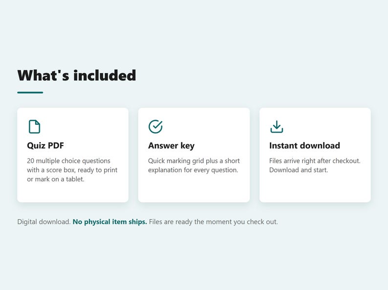 May include: A digital product information graphic titled What's included. It features three white cards with icons for a Quiz PDF with 20 multiple choice questions, an Answer key with a marking grid, and an Instant download icon for files.