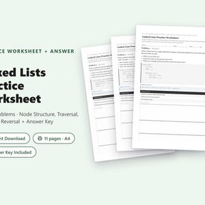 Pode incluir: Uma folha de exercícios digital sobre listas encadeadas em Java, com 8 problemas sobre estrutura de nós, travessia, inserção e inversão. O documento inclui um gabarito, tem 11 páginas em formato A4 e está disponível para download.