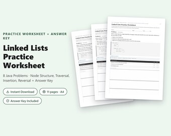 Linked Lists Practice Worksheet | 8 Java Problems Covering Pointers & Node Operations + Answer Key PDF