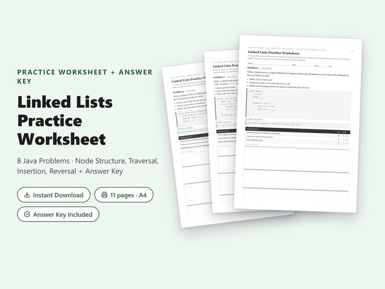 Puede incluir: Una hoja de ejercicios digital sobre listas enlazadas en Java, con 8 problemas sobre estructura de nodos, recorrido, inserci&oacute;n e inversi&oacute;n. El documento incluye una clave de respuestas, tiene 11 p&aacute;ginas en formato A4 y es descargable.