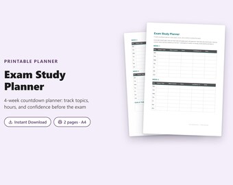 Exam Study Planner | 4-Week Countdown Printable | Study Hours + Confidence Tracker PDF