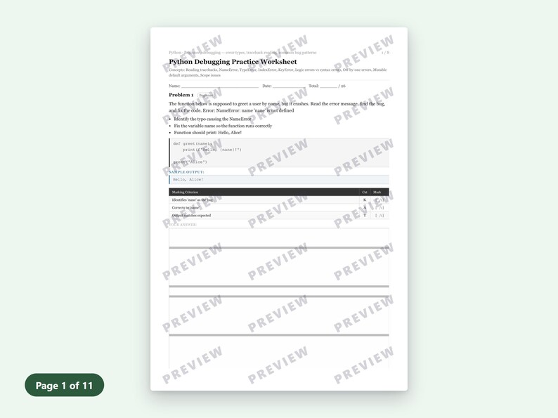 Python Debugging Practice Worksheet | 8 Find-the-Bug Problems + Answer Key PDF image 3