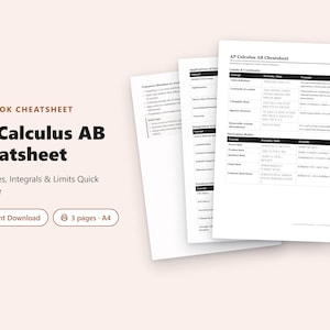 May include: A three-page AP Calculus AB cheatsheet featuring mathematical formulas, rules, and examples for limits, continuity, and derivatives. The document includes text headers such as One-Look Cheatsheet, AP Calculus AB Cheatsheet, and Derivatives, Integrals & Limits Quick Reference.