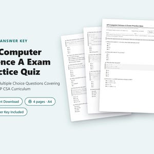 Könnte beinhalten: Ein Satz gedruckter Dokumente mit dem Titel AP Computer Science A Exam Practice Quiz, bestehend aus 20 Java-Multiple-Choice-Fragen auf vier A4-Seiten. Das Dokument enthält eine Kopfzeile, nummerierte Fragen mit Code-Snippets und einen Lösungsschlüssel.
