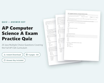 Cuestionario de práctica para el examen de opción múltiple de Java / Preparación para el examen AP® de Ciencias de la Computación A + Clave de respuestas en PDF