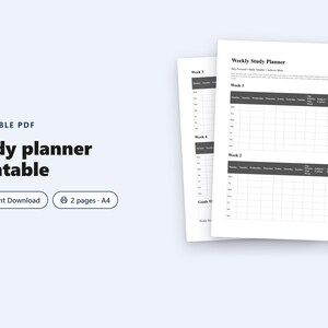 Puede incluir: Un planificador de estudios en PDF imprimible que consta de dos páginas A4 con cuadrículas en blanco y negro. El documento incluye secciones para Weekly Study Planner, Week 1, Week 2, Week 3 y Week 4, con columnas para días, prioridades y tareas.