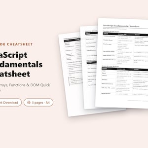 May include: A three-page JavaScript Fundamentals Cheatsheet printed on A4 paper. The document features black text on white pages, organized into tables covering variables, data types, arrays, and DOM manipulation syntax for quick reference.