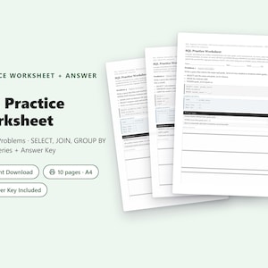 May include: A digital SQL practice worksheet set featuring 8 query problems covering SELECT, JOIN, GROUP BY, and subqueries. The document includes an answer key, spans 10 pages in A4 format, and is presented as an instant download for educational use.