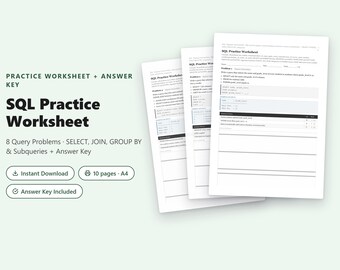 Hoja de ejercicios de práctica de SQL / 8 problemas de consulta que abarcan Select, Join y Group By + Clave de respuestas en PDF