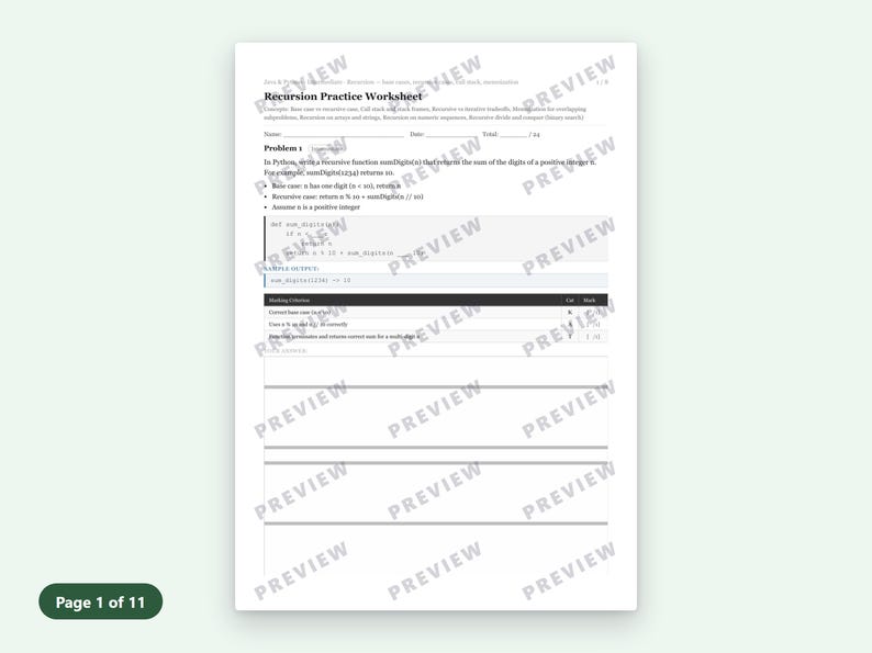 Recursion Practice Worksheet | 8 Java + Python Problems (4 Each) + Answer Key PDF image 3