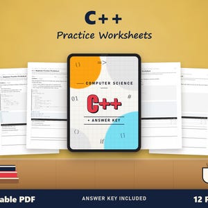 Op de afbeelding: Een set van 12 printbare C++ oefenbladen in PDF-formaat. Het centrale document bevat de tekst Computer Science C++ Answer Key met code-gerelateerde symbolen op een rasterachtergrond, omringd door meerdere pagina's met oefeningen.